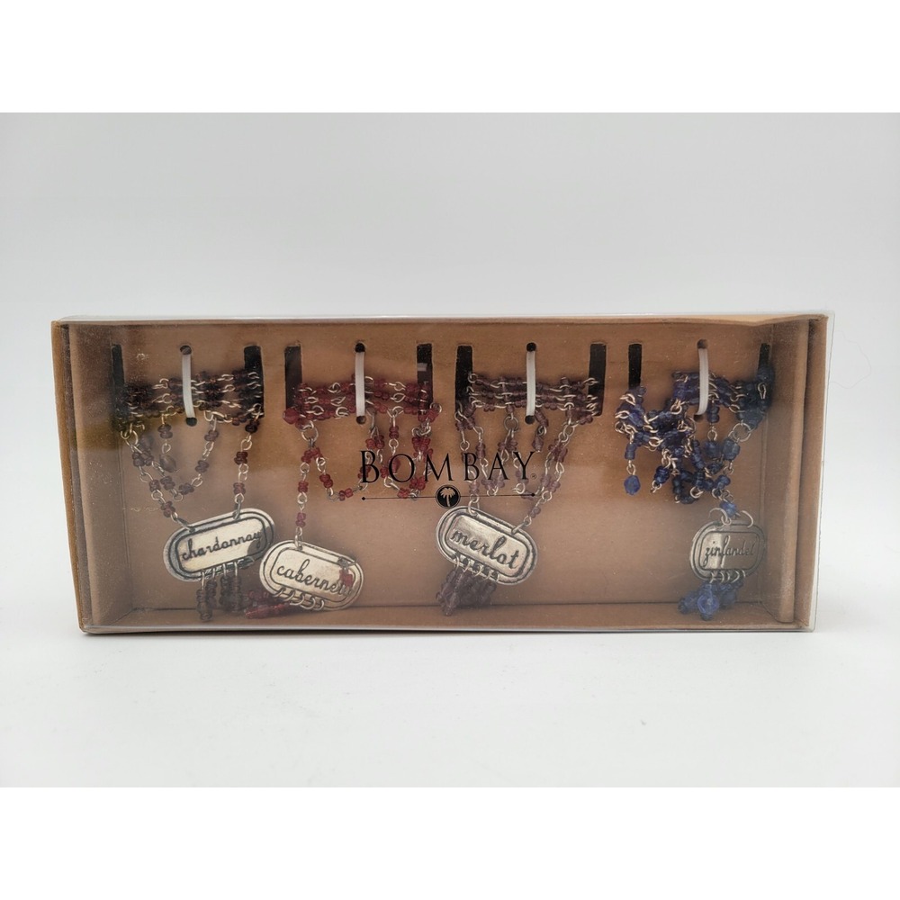 2002 Bombay Co Set of 4 Beaded Wine Bottle Necklace Tags 2217118 Vintage Box